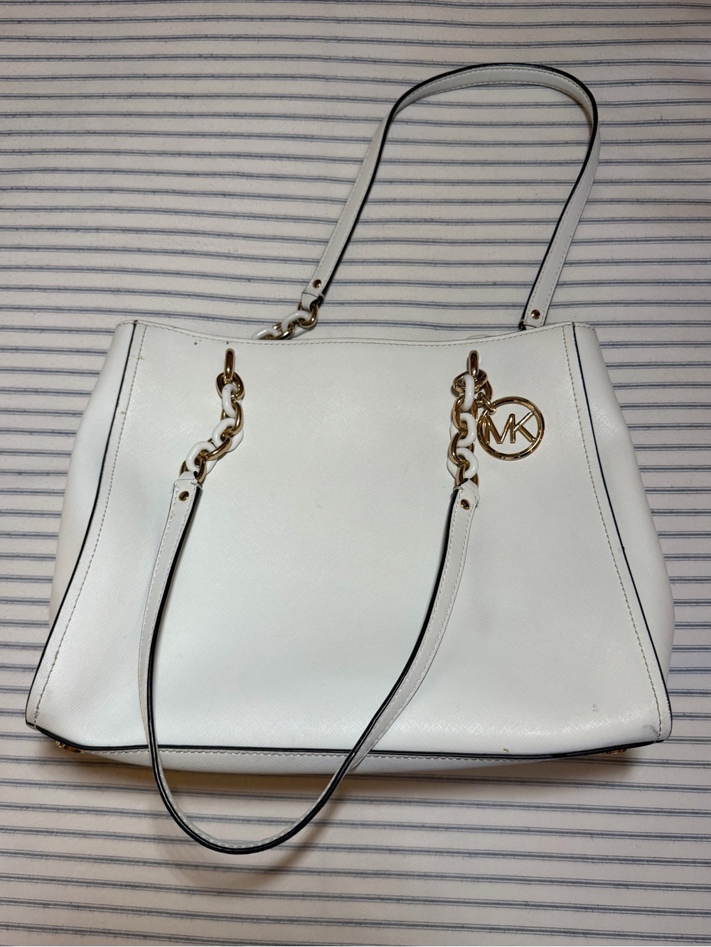 Michael Kors White Leather Tote with Gold Chain Accents